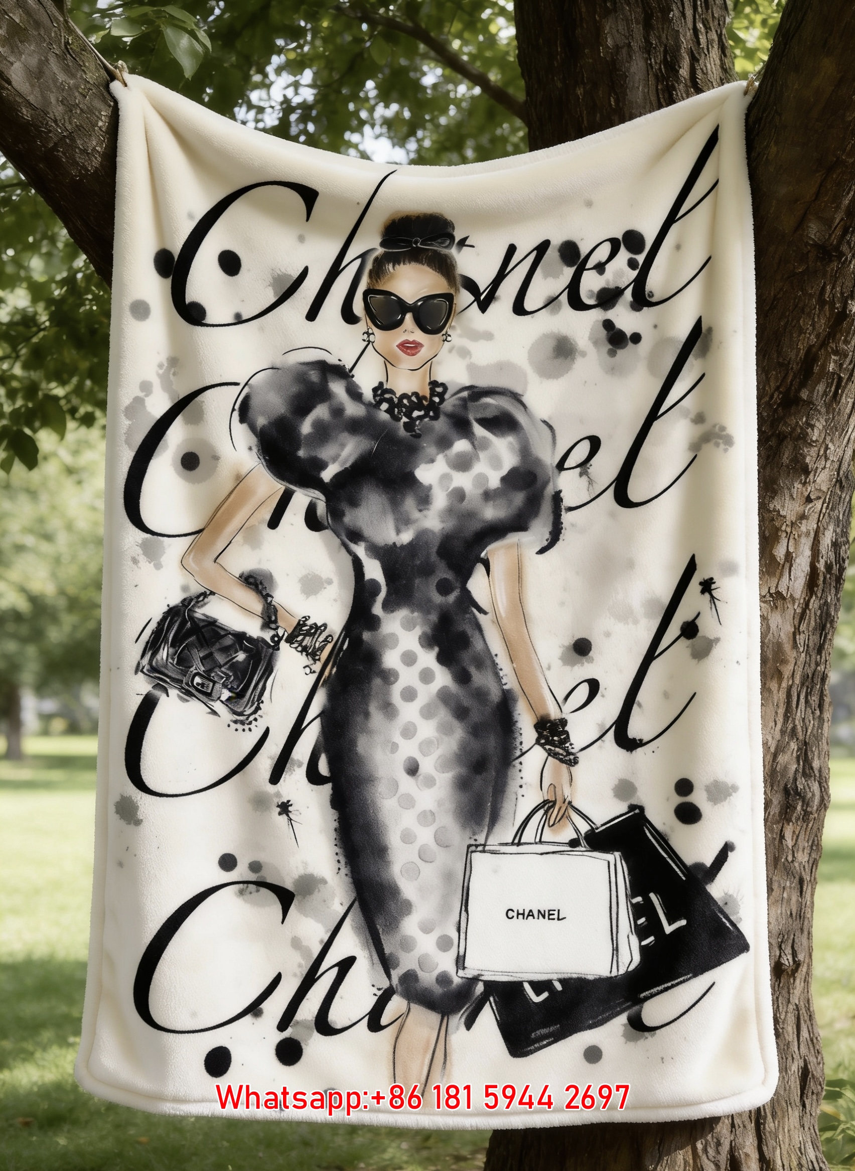 Chanel Polka Dot Fashion Illustration Flannel Throw Blanket IMG_6881